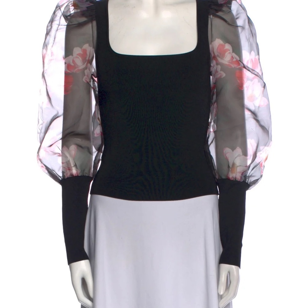 Alice + Olivia Black Top with Sheer Floral Sleeves